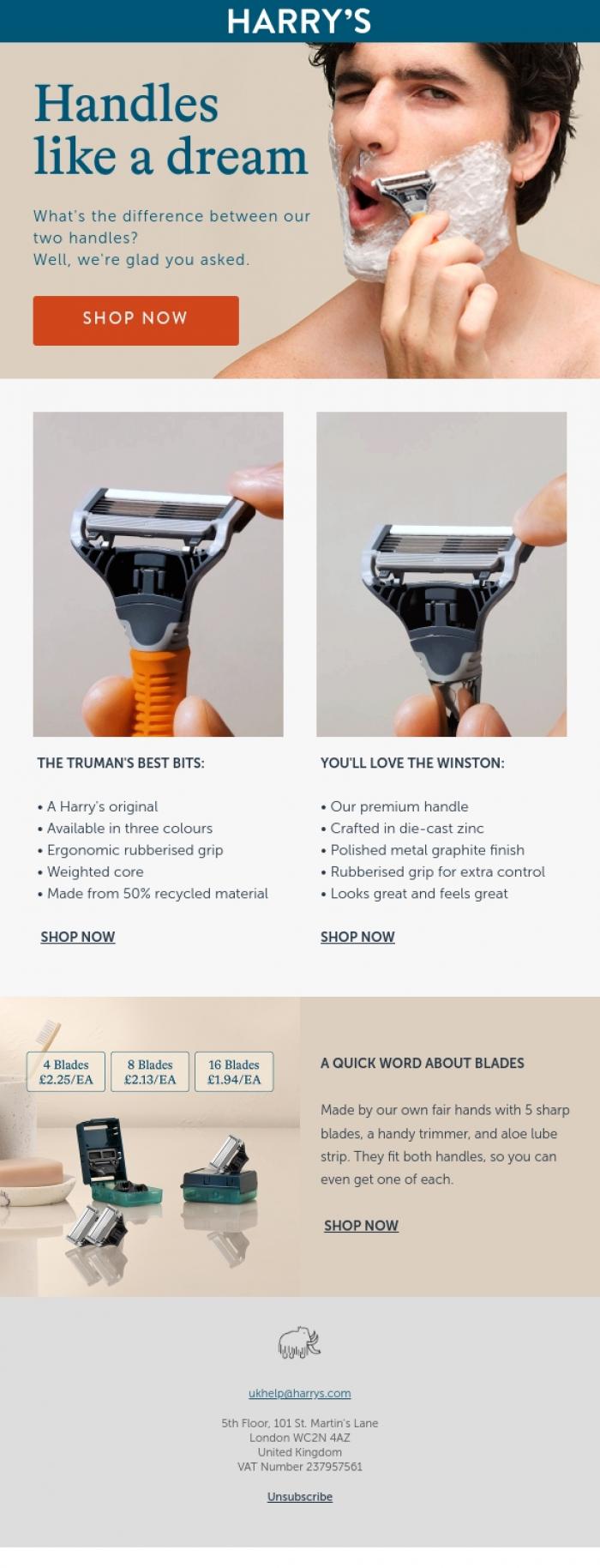 Email Design Inspiration from Harry's, Handles like a dream
