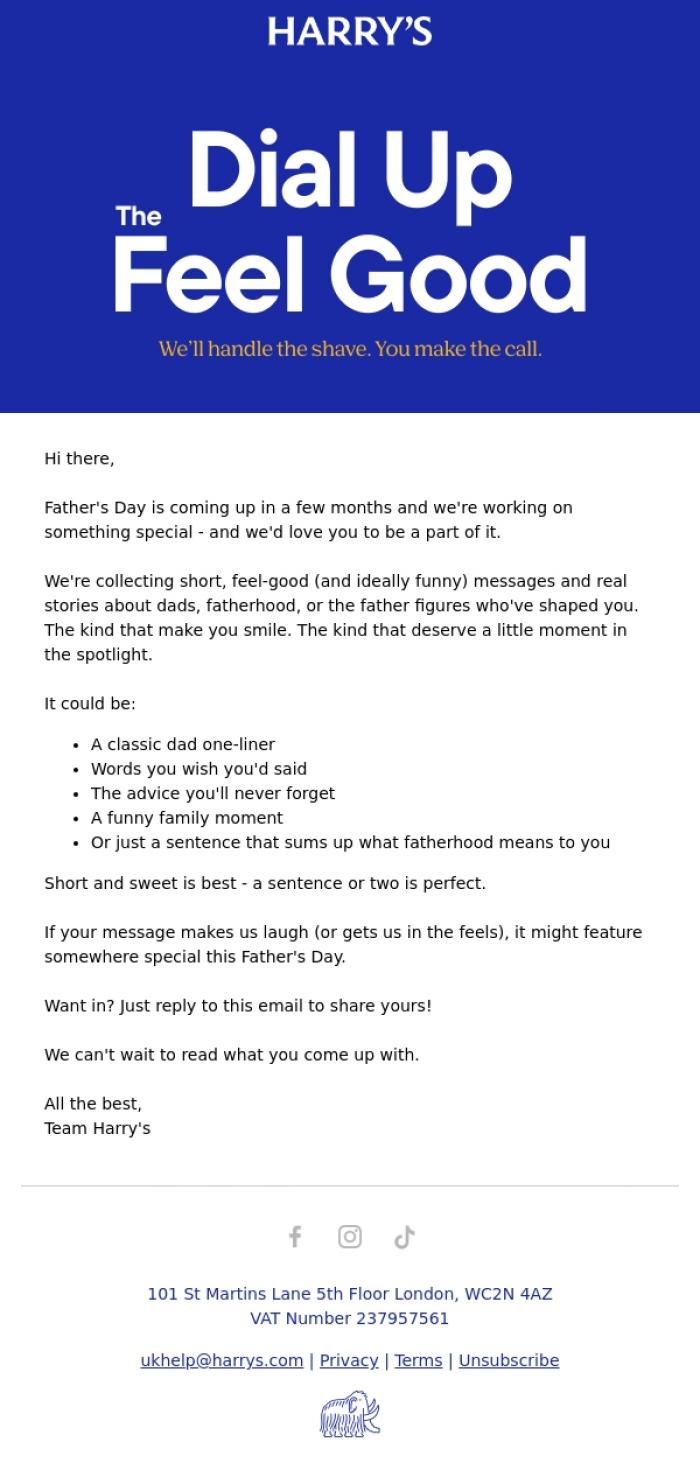 Email Design Inspiration from Harry's, Got a story about your dad?