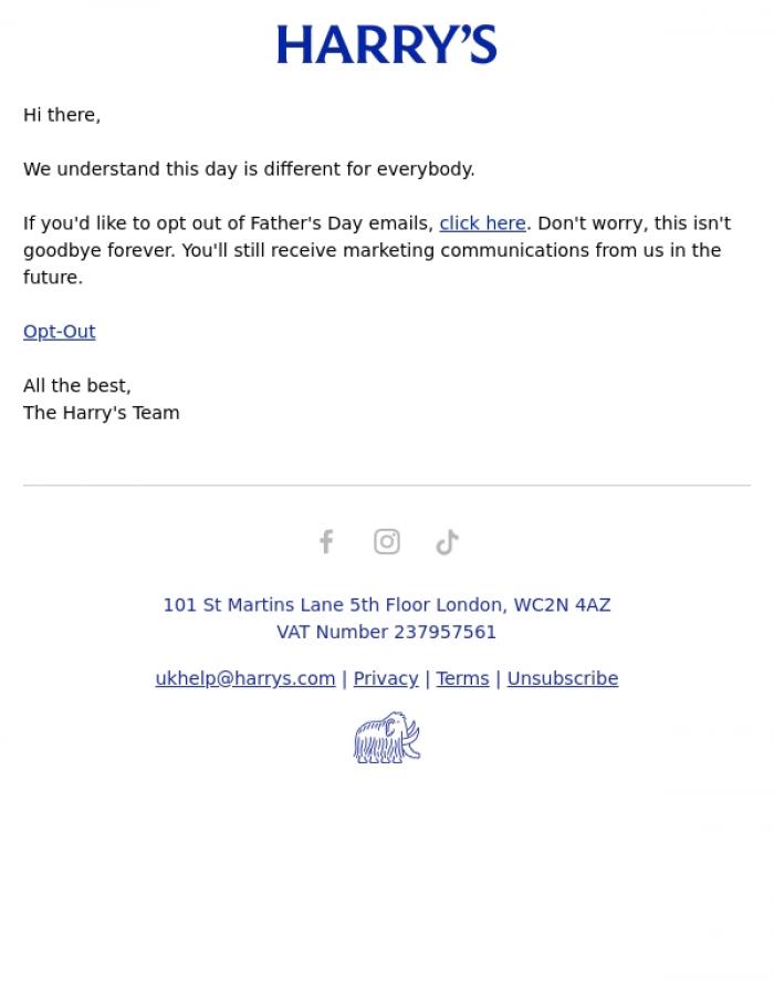 Email Design Inspiration from Harry's, Want to opt out of Father's Day emails?