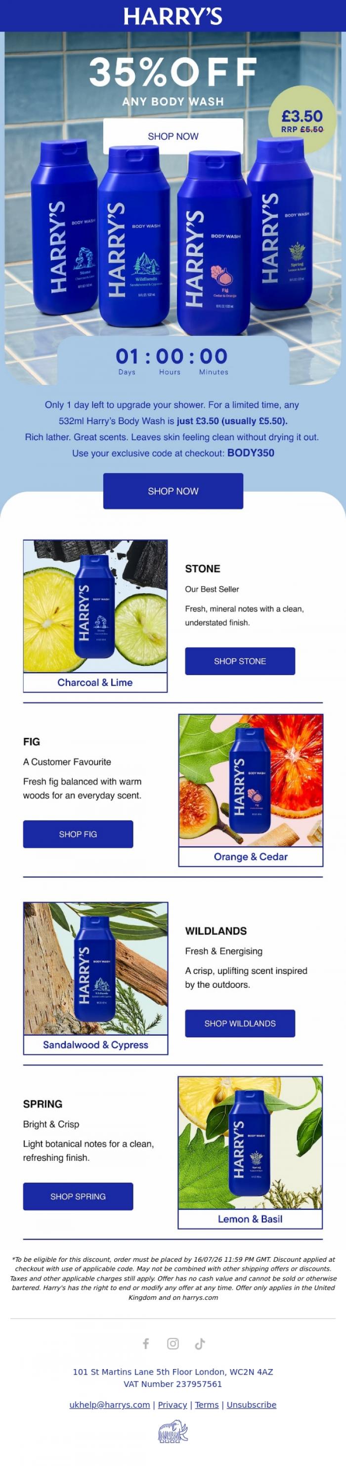 Email Design Inspiration from Harry's, Last chance: 35% off Any Body Wash Scent
