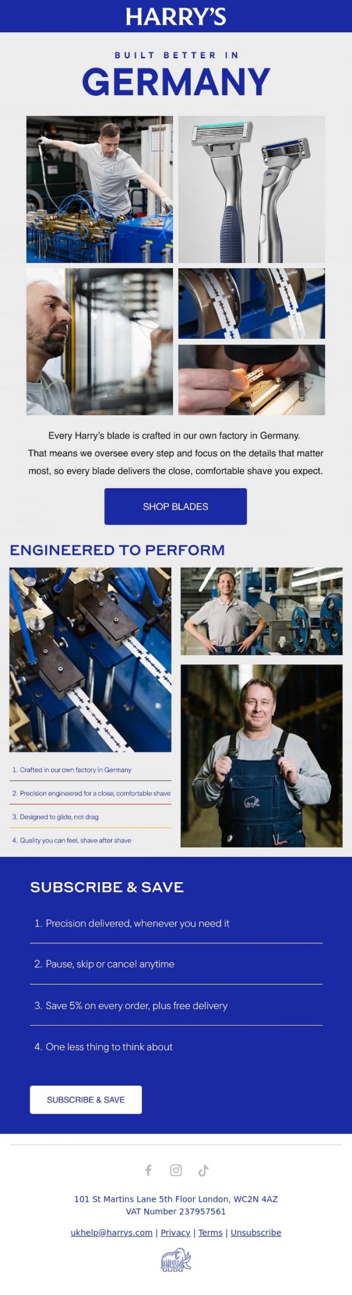 Email Design Inspiration from Harry's, Made in Germany. Made to Last.