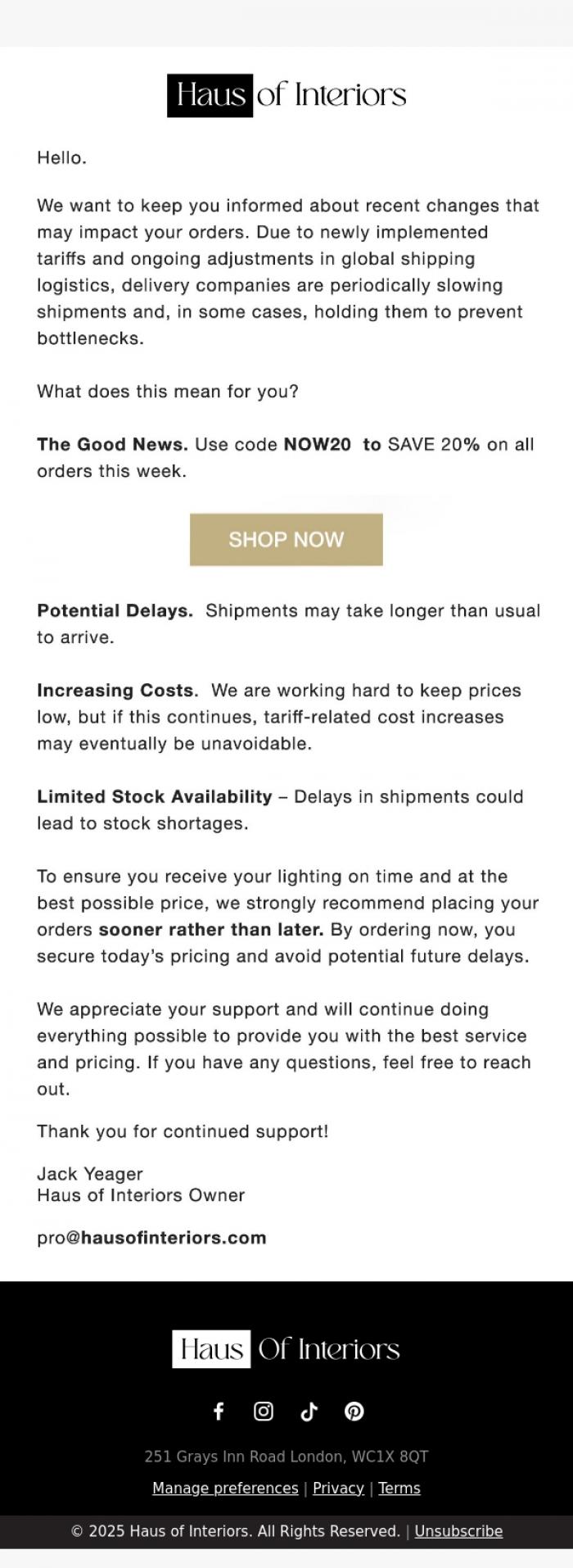 Email Design Inspiration from Haus of Interiors, Order your new lights NOW to save 20% & avoid delivery delays