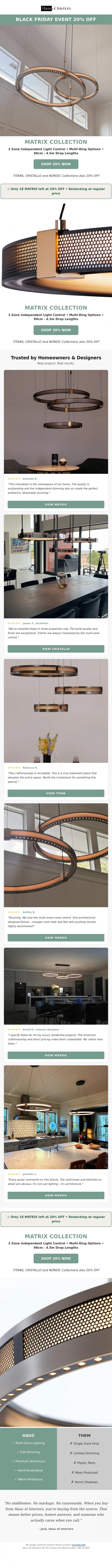 Email Design Inspiration from Haus of Interiors, Black Friday &bull; 20% OFF  Matrix Chandeliers