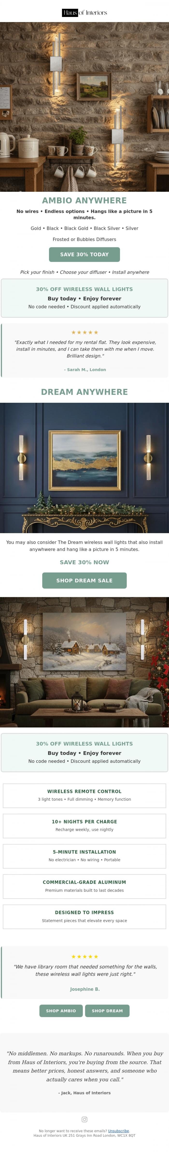 Email Design Inspiration from Haus of Interiors, Wireless Wall Lights &bull; SAVE 30% TODAY
