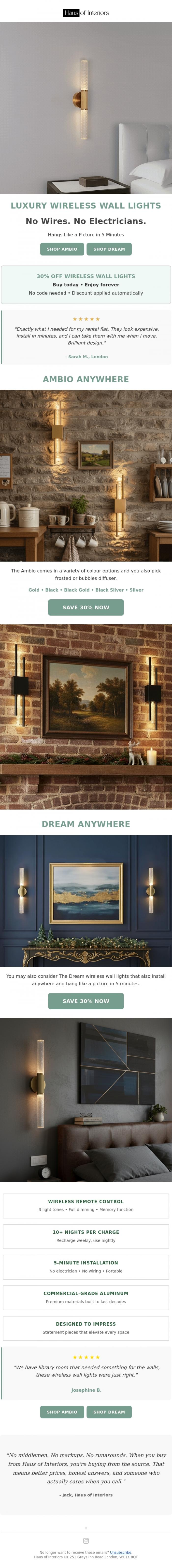 Email Design Inspiration from Haus of Interiors, Luxury Wireless Wall Lights &bull; SAVE 30%