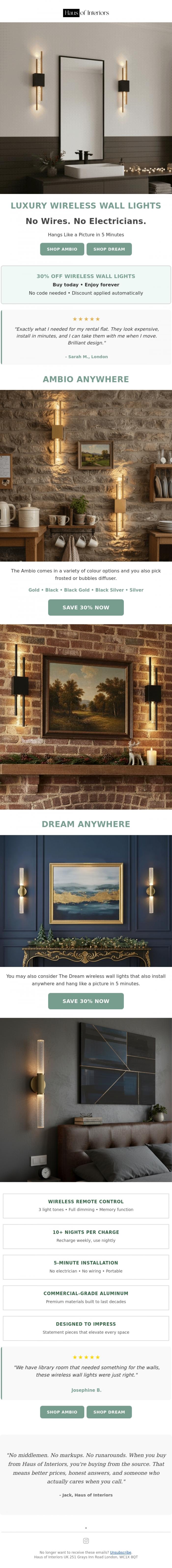 Email Design Inspiration from Haus of Interiors, Don't Miss Out &bull; 30% Off Wireless Wall Lights
