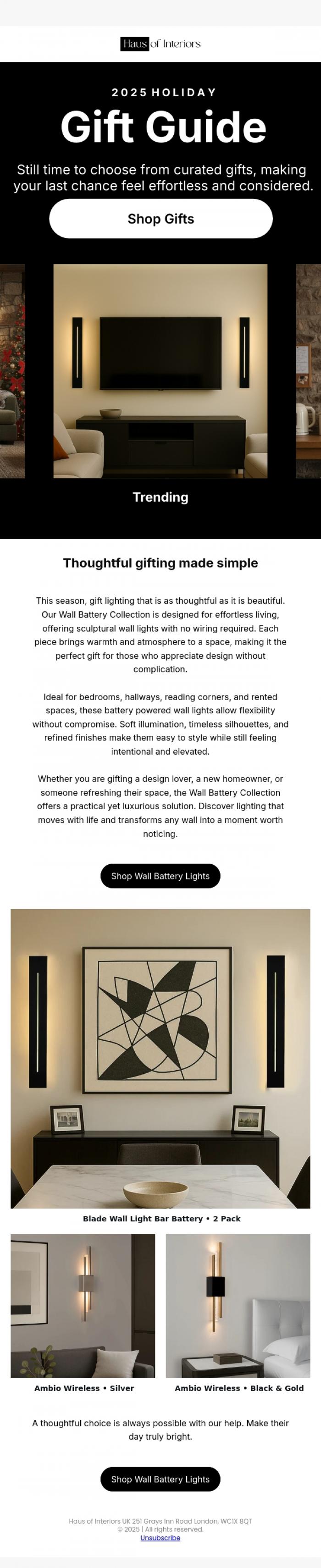 Email Design Inspiration from Haus of Interiors, Lighting Made to Gift Easily