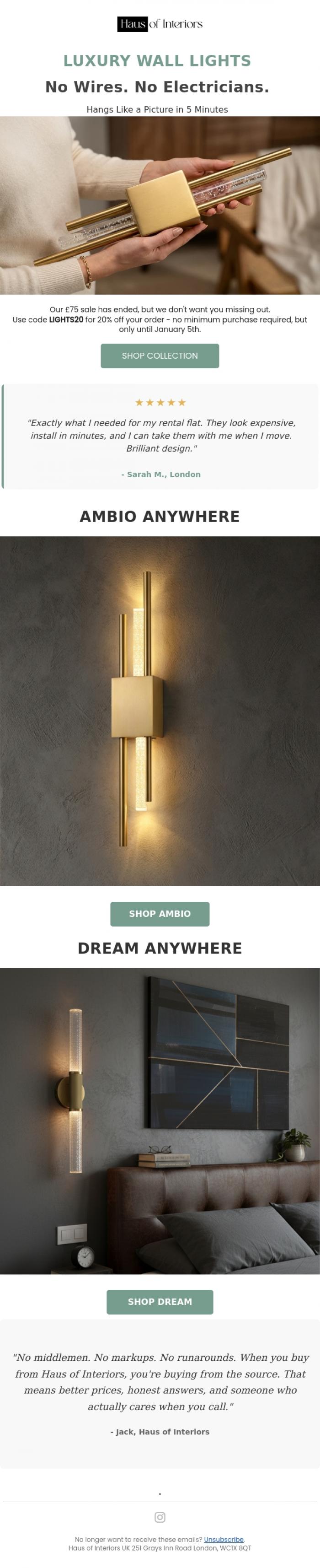 Email Design Inspiration from Haus of Interiors, Luxury Wireless Lighting For Your Home