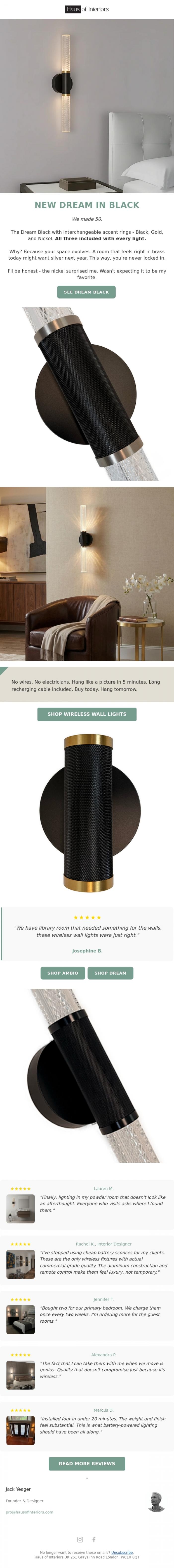 Email Design Inspiration from Haus of Interiors, Introducing Dream Wireless in Black