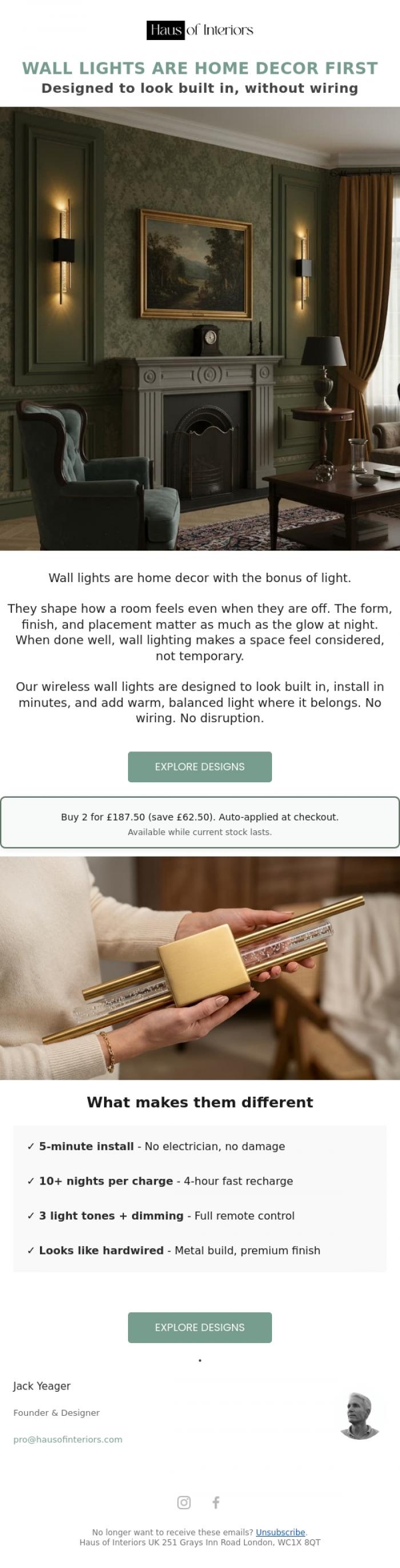 Email Design Inspiration from Haus of Interiors, Designed as decor, used as light