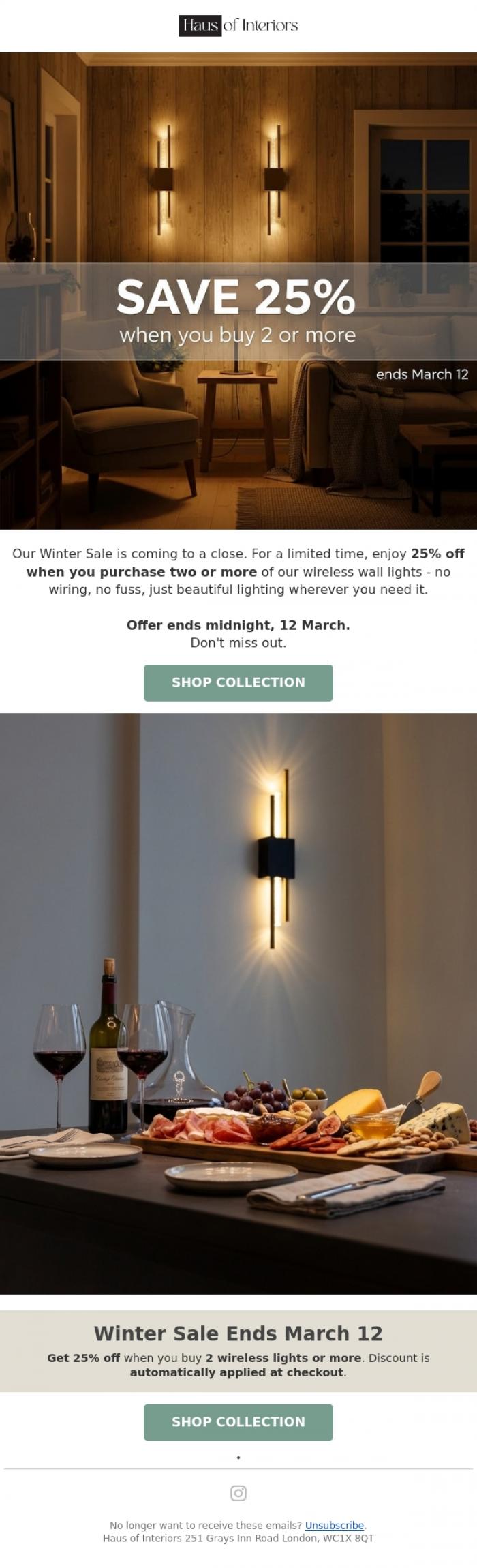 Email Design Inspiration from Haus of Interiors, 25% off wireless wall lights - ends March 12