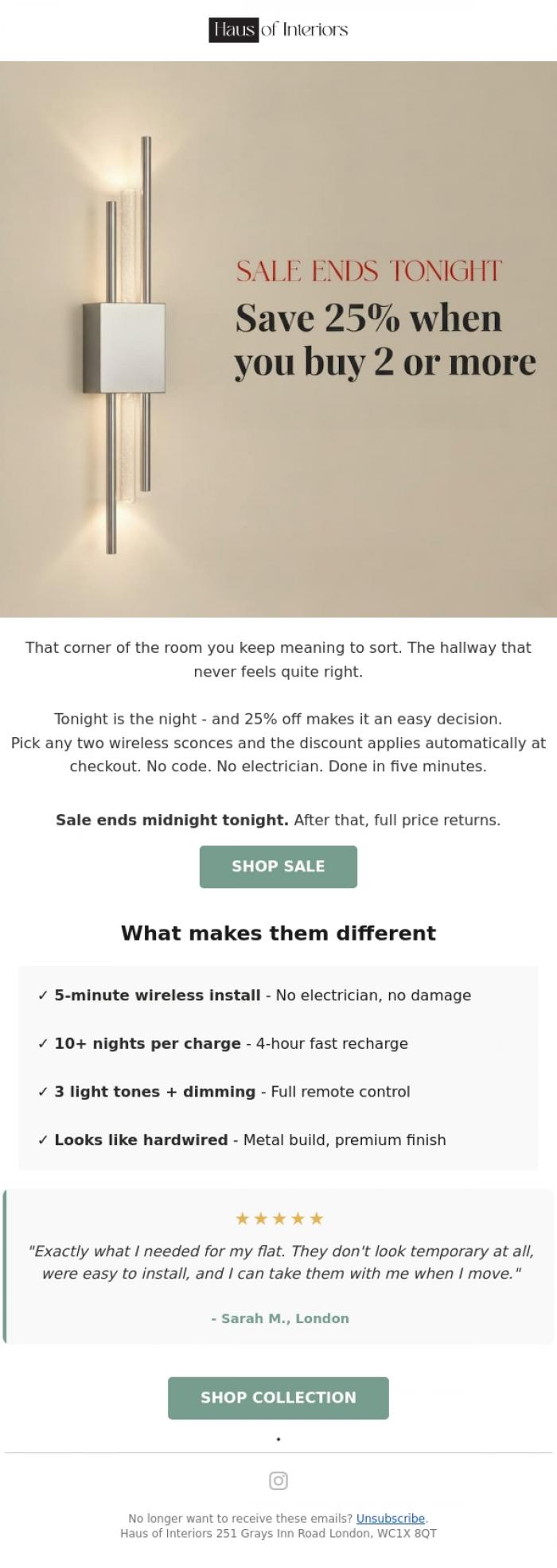 Email Design Inspiration from Haus of Interiors, Your 25% off ends at midnight