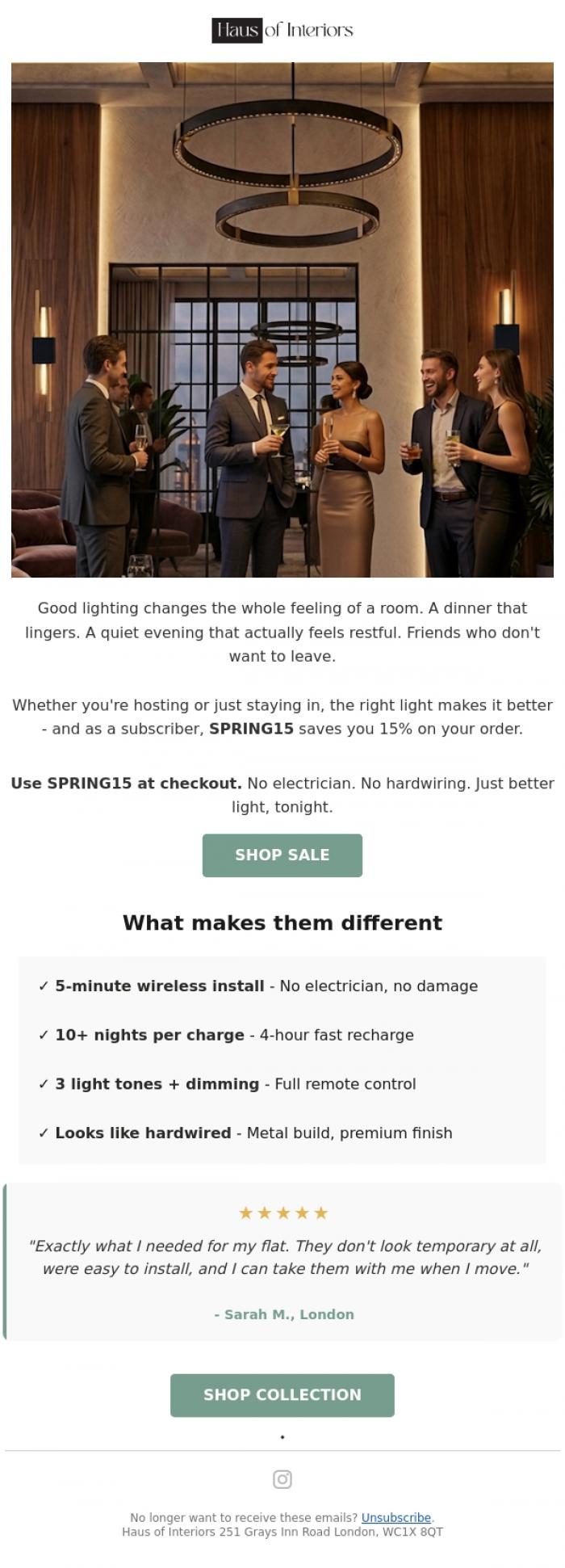 Email Design Inspiration from Haus of Interiors, Subscribers Only: 15% Off Wireless Wall Lights