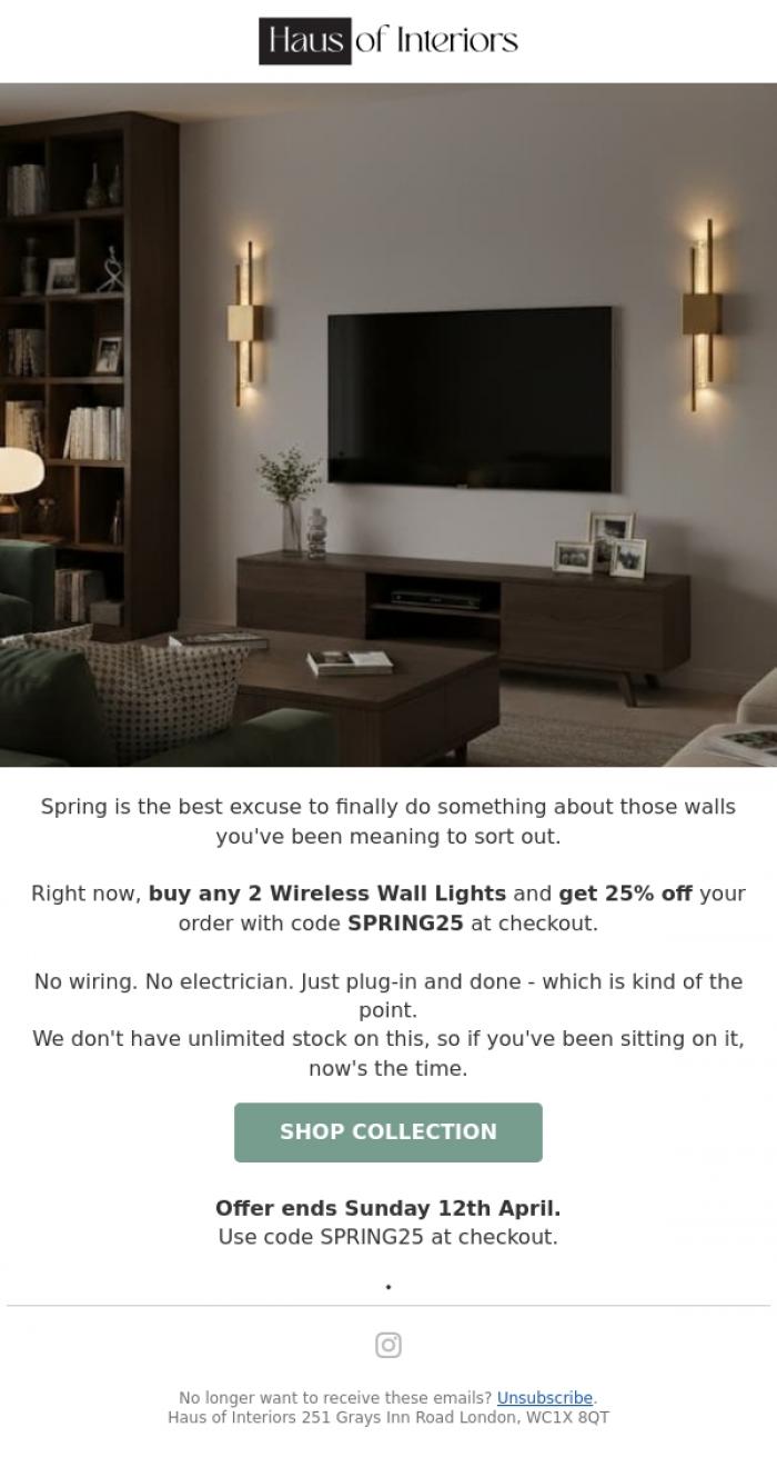 Email Design Inspiration from Haus of Interiors, Your space deserves a refresh (25% off inside)