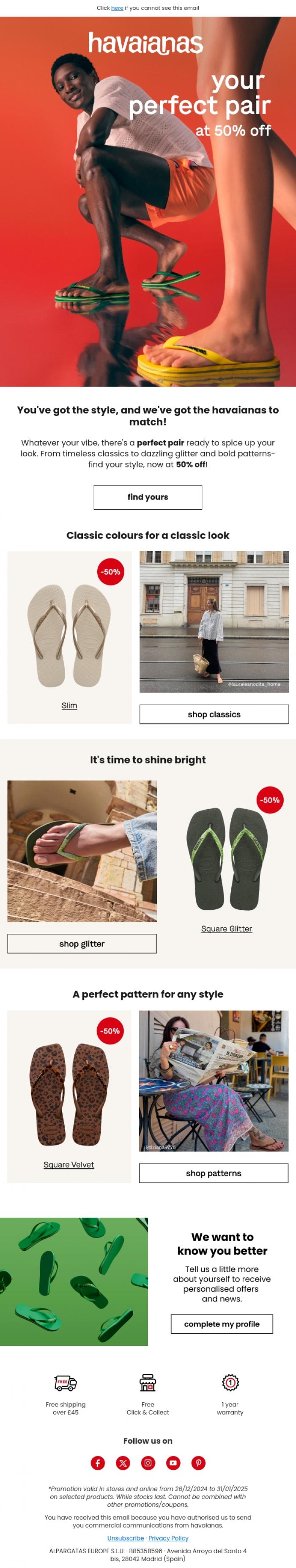 Email Design Inspiration from Havaianas, 50% OFF will always be a good match 🫶🏼