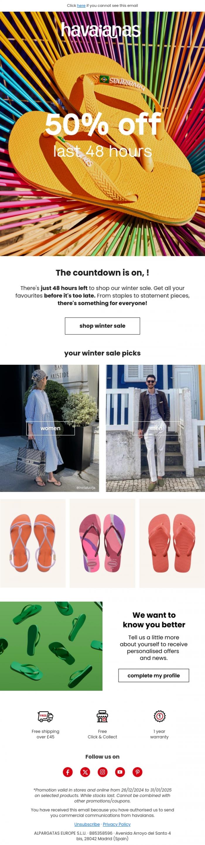 Email Design Inspiration from Havaianas, ⏰ Huuuurry! Last 48h to enjoy 50% OFF