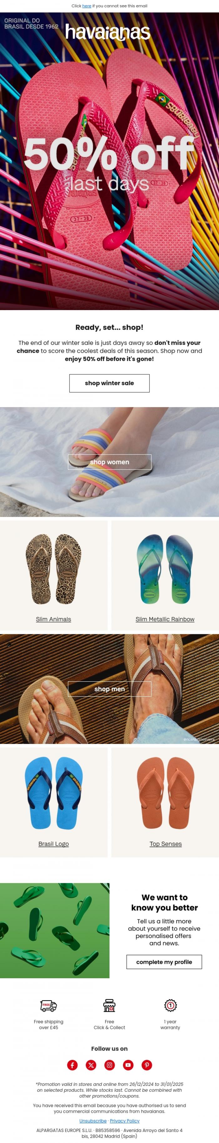 Email Design Inspiration from Havaianas, Our 50% OFF sale is about to end 🚨