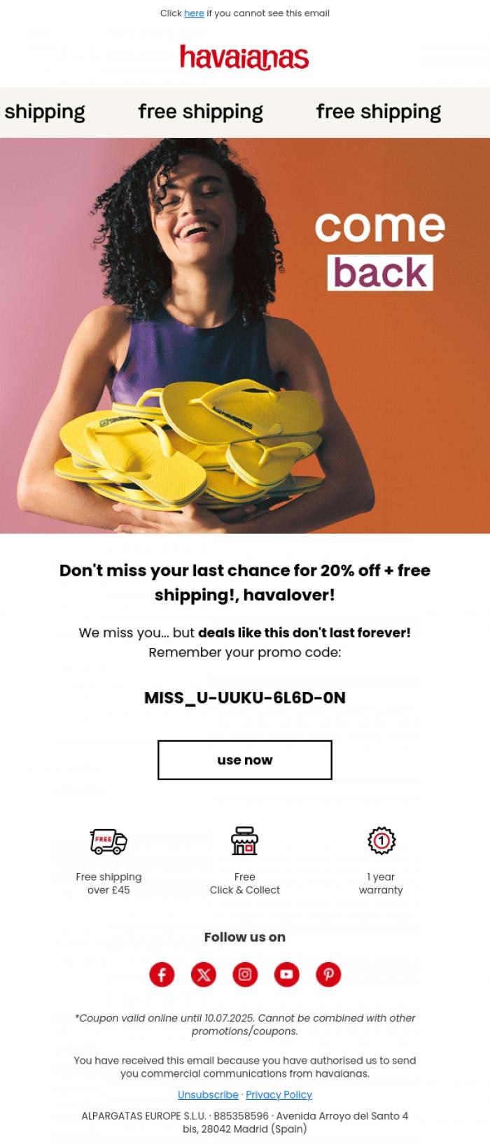 Email Design Inspiration from Havaianas, 🚨Don't miss out! 20% OFF + FREE shipping