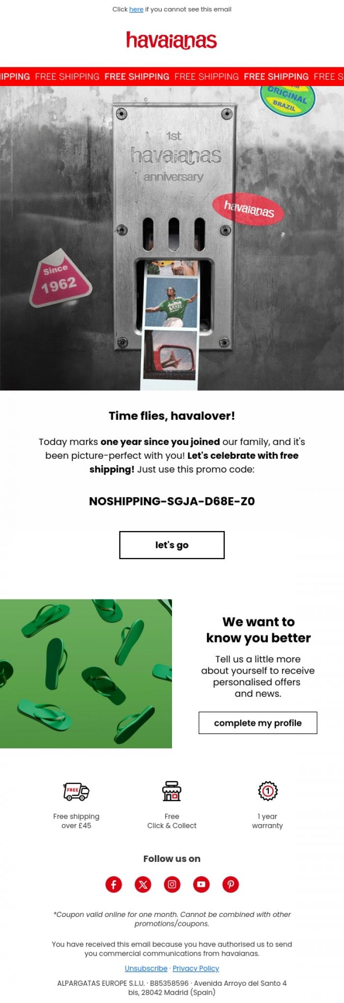 Email Design Inspiration from Havaianas, Our anniversary gift 🥰