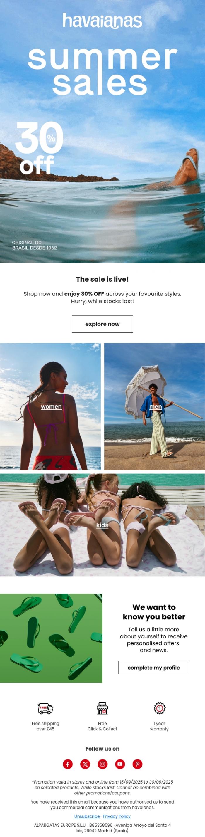 Email Design Inspiration from Havaianas, Sale starts NOW - 30% OFF! 🌞