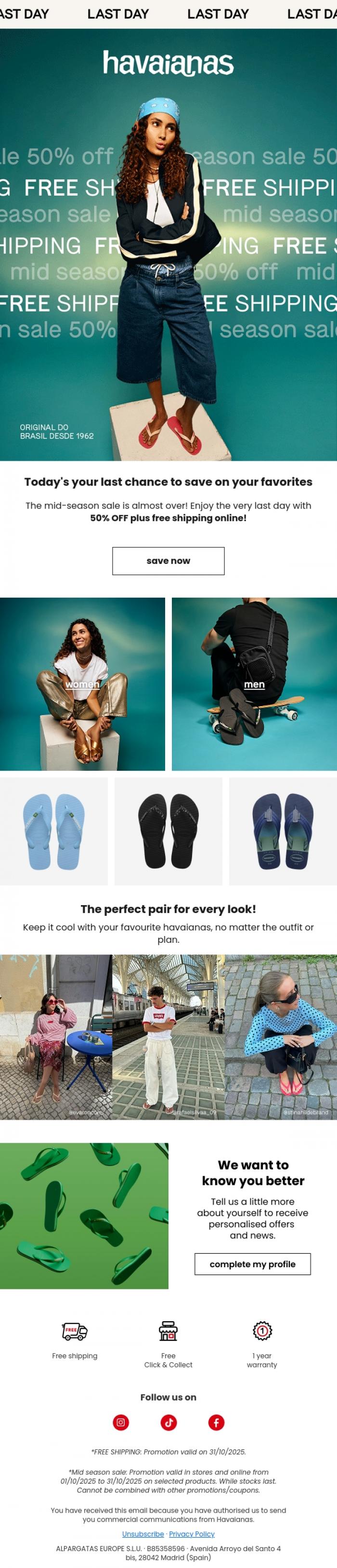 Email Design Inspiration from Havaianas, Last day! 50% OFF + free shipping 🛍️
