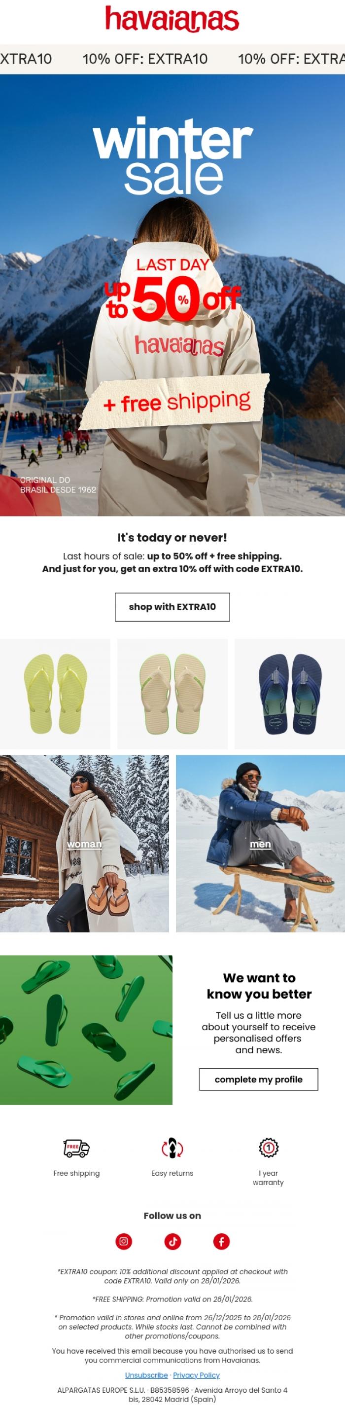 Email Design Inspiration from Havaianas, LAST DAY! 50% OFF + free shipping ⌛