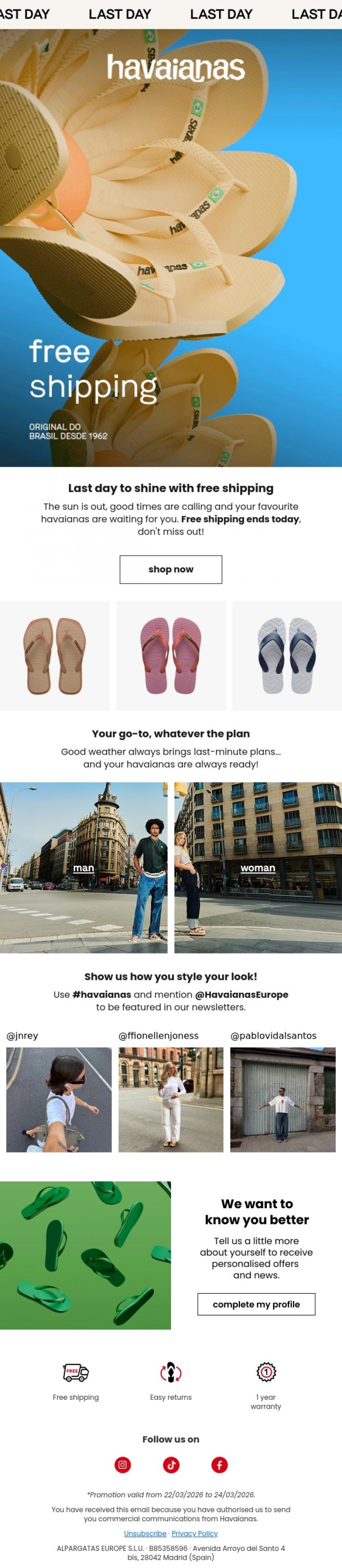 Email Design Inspiration from Havaianas, Last day to catch free shipping☀️
