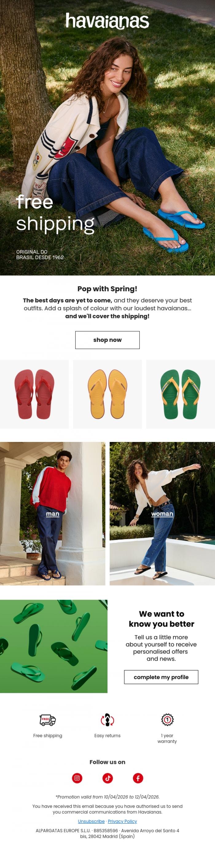 Email Design Inspiration from Havaianas, Free shipping | Brighten your Spring 🌷✨