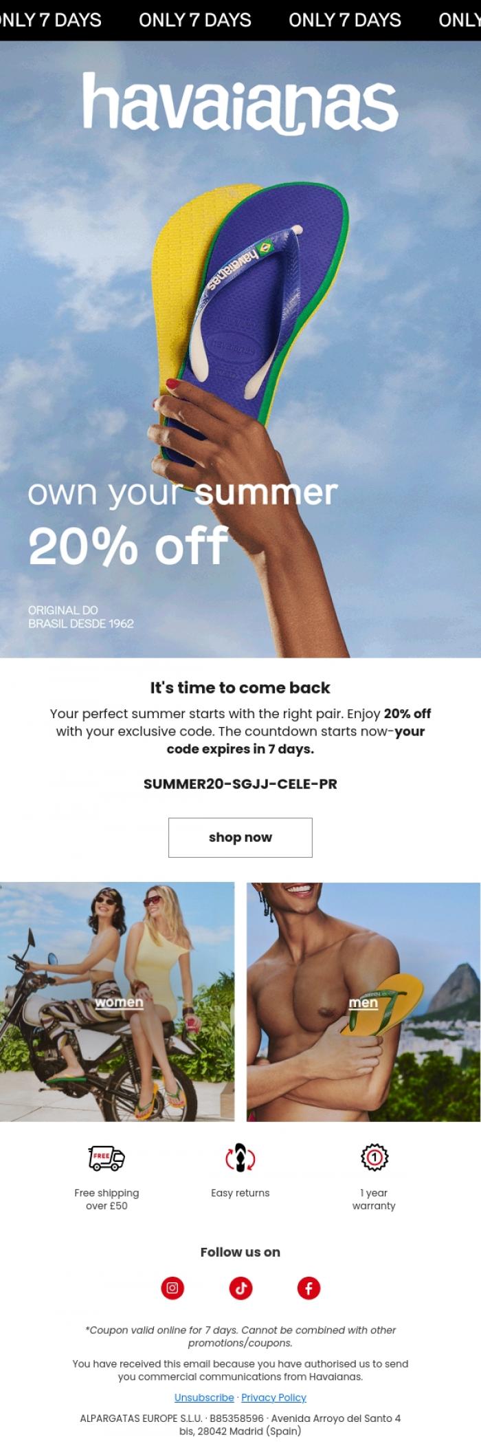 Email Design Inspiration from Havaianas, Summer starts here ☀️ 20% off