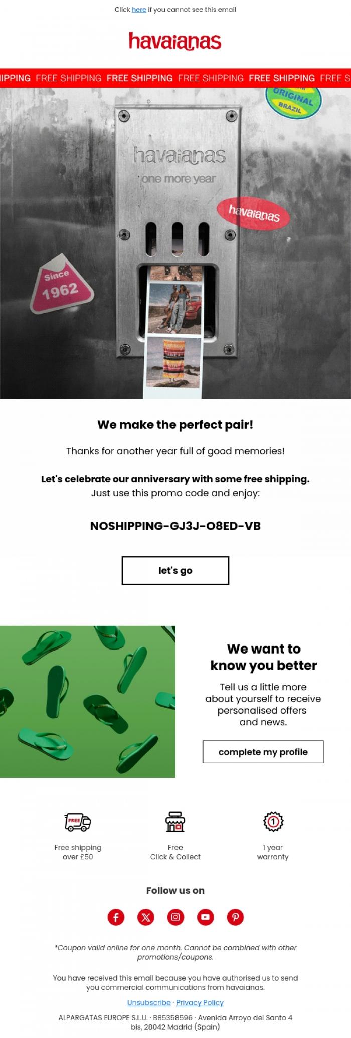 Email Design Inspiration from Havaianas, One more year together! 🥳