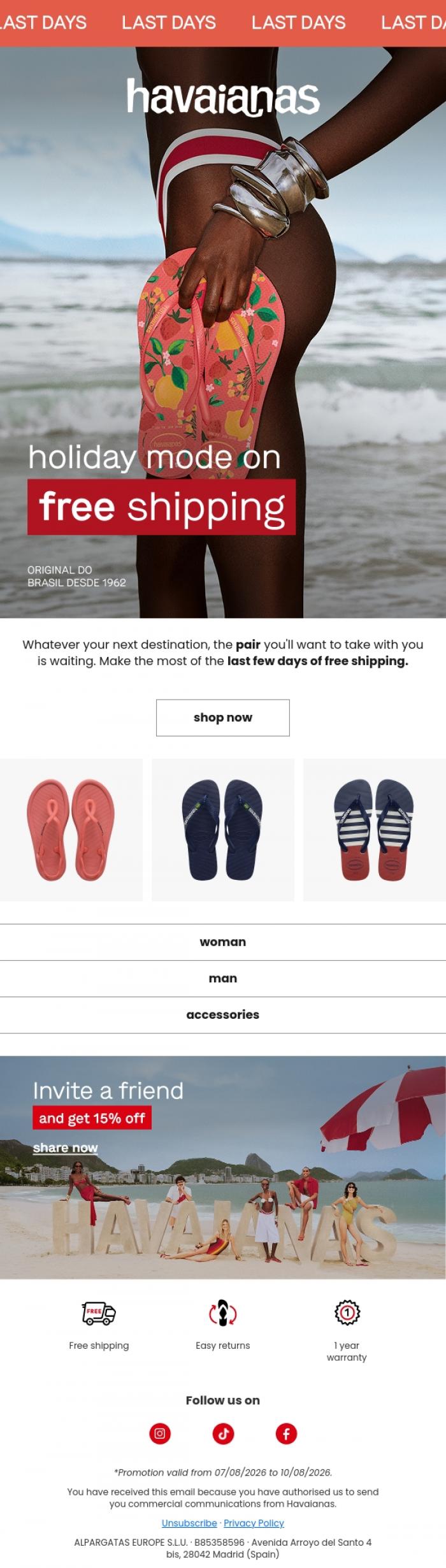 Email Design Inspiration from Havaianas, Free shipping ends in 2 days ✈️