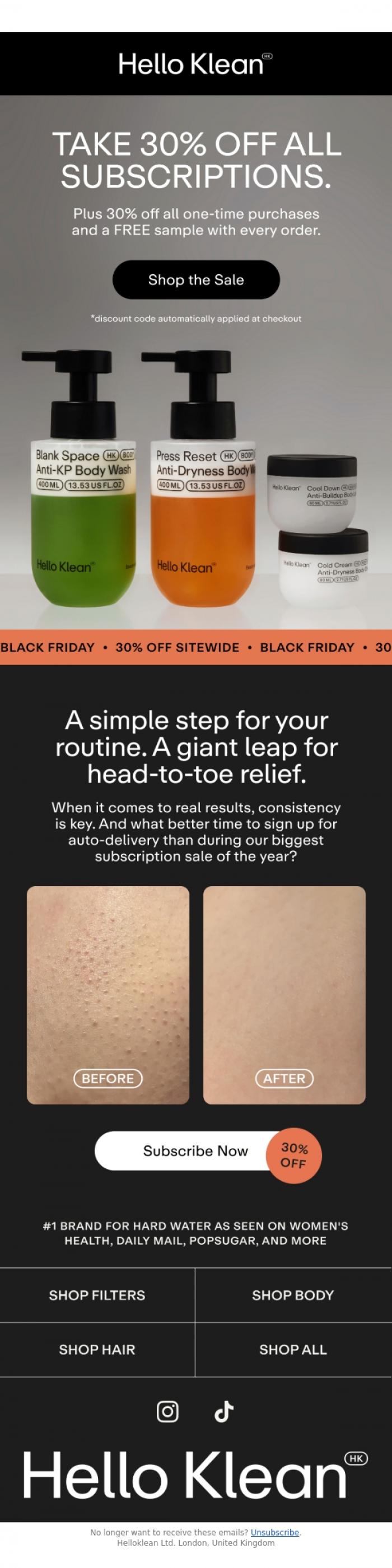 Email Design Inspiration from Hello Klean, 30% OFF all subscriptions