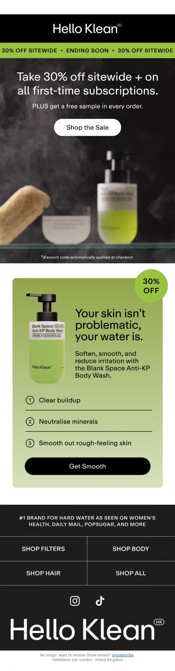 Email Design Inspiration from Hello Klean, Smooth skin, 30% OFF