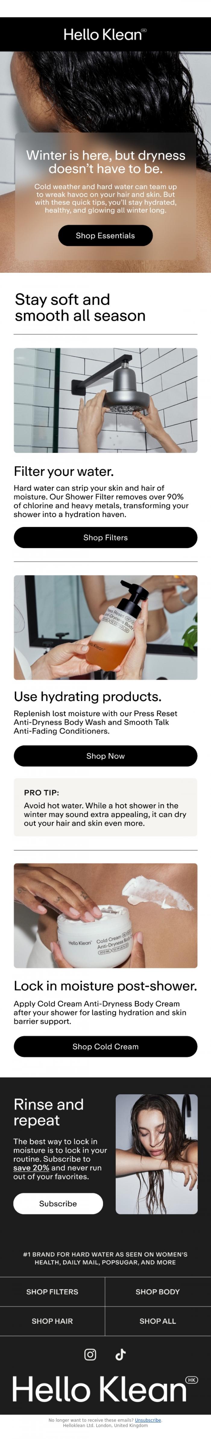Email Design Inspiration from Hello Klean, Dry scalp, skin, and hair? Not this winter.