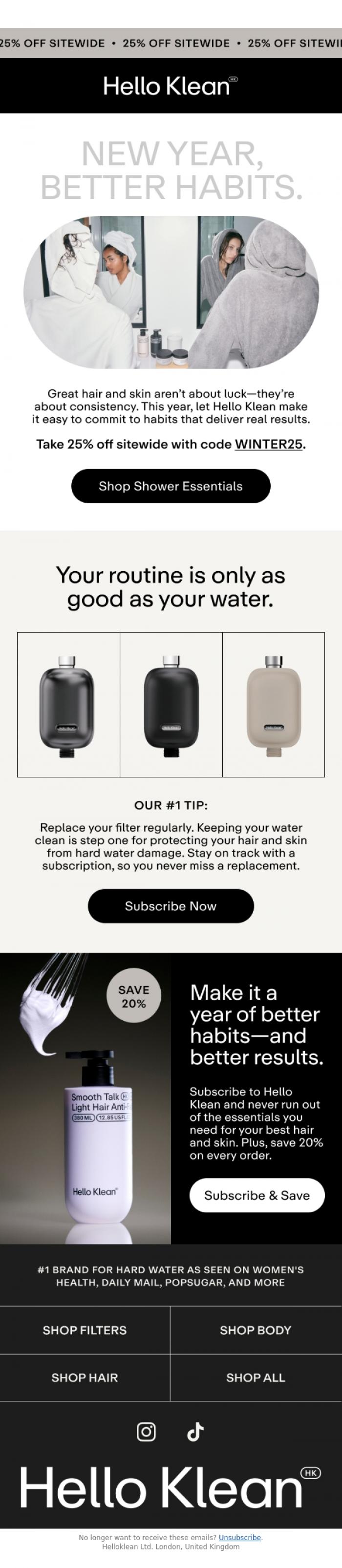Email Design Inspiration from Hello Klean, New Year, Better Hair and Skin