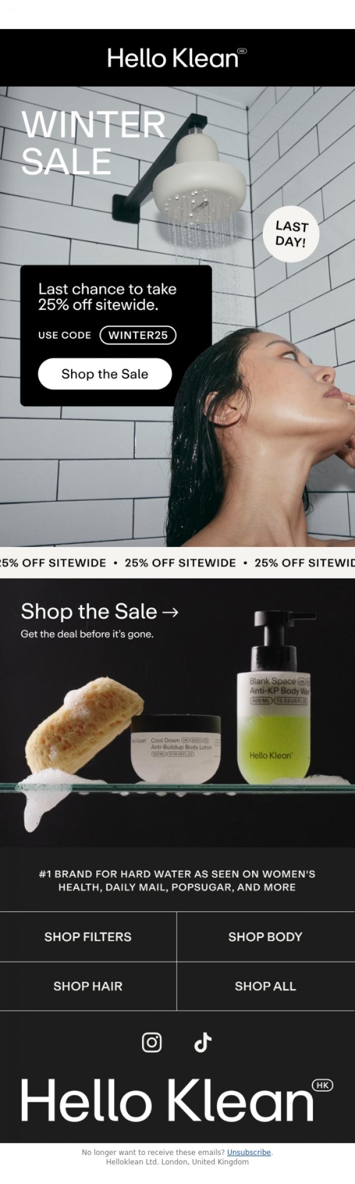 Email Design Inspiration from Hello Klean, Last day to save 25%