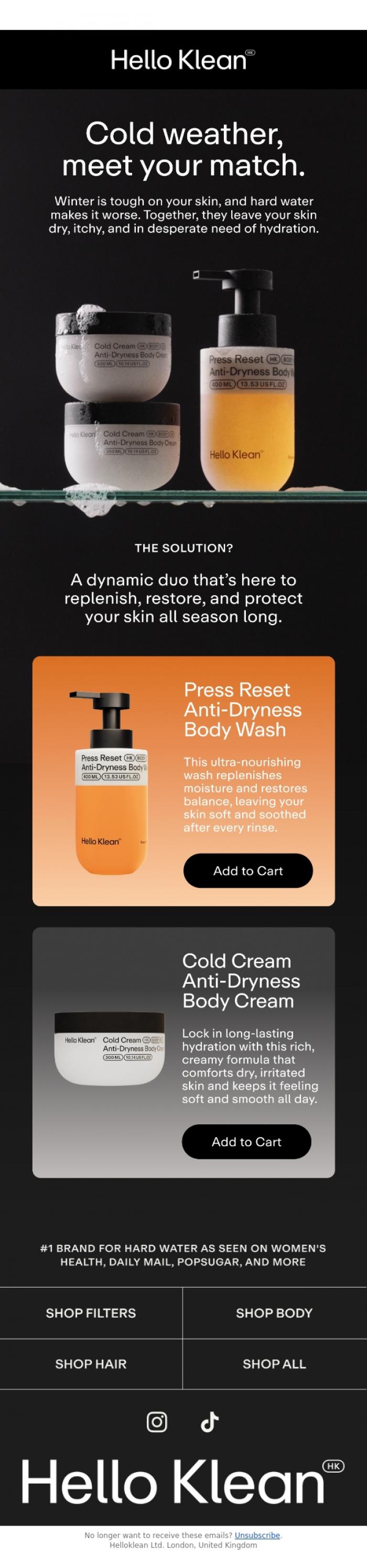 Email Design Inspiration from Hello Klean, Winter dryness? We've got the fix.
