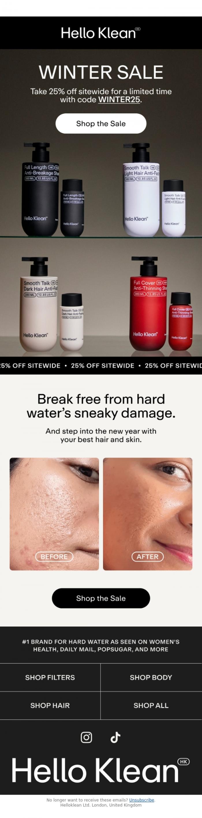 Email Design Inspiration from Hello Klean, 25% Winter Sale