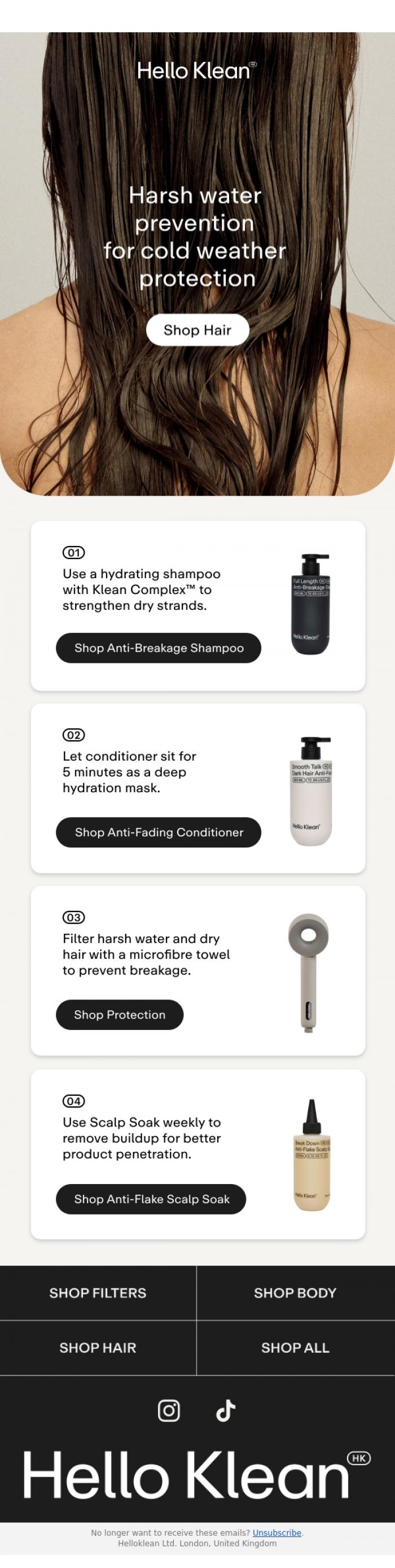 Email Design Inspiration from Hello Klean, 4 tips for healthy hair this winter