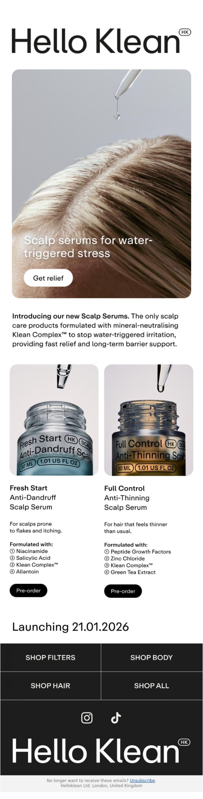 Email Design Inspiration from Hello Klean, 72-hour relief. Launching 21.01.