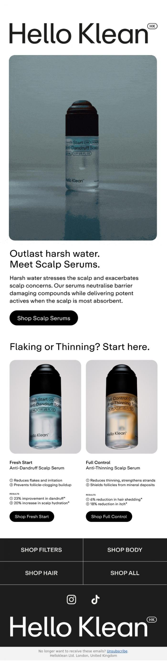 Email Design Inspiration from Hello Klean, Targeted scalp protection for thinning and flakes.