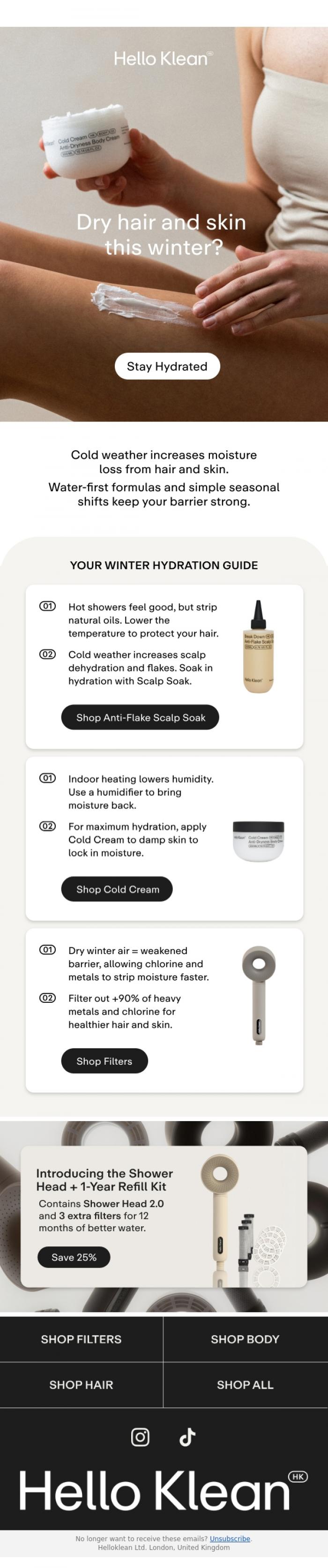 Email Design Inspiration from Hello Klean, Dry hair and skin this winter?