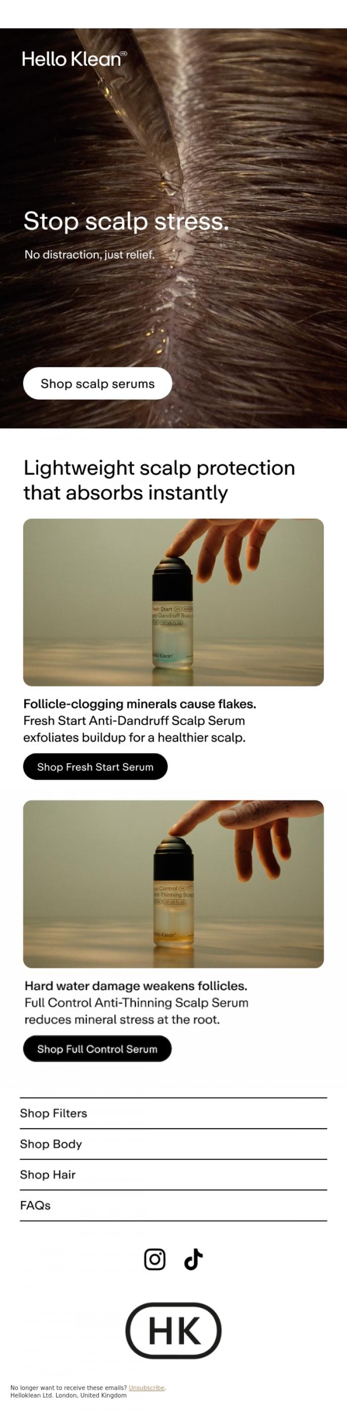 Email Design Inspiration from Hello Klean, Stop scalp stress at the source