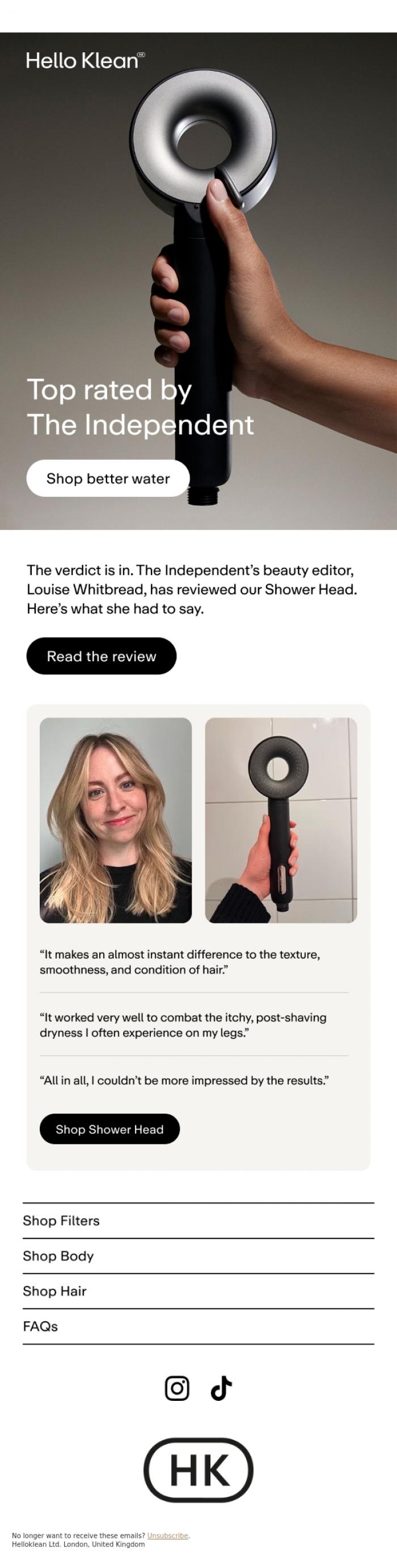 Email Design Inspiration from Hello Klean, "The difference to my hair was almost instant"