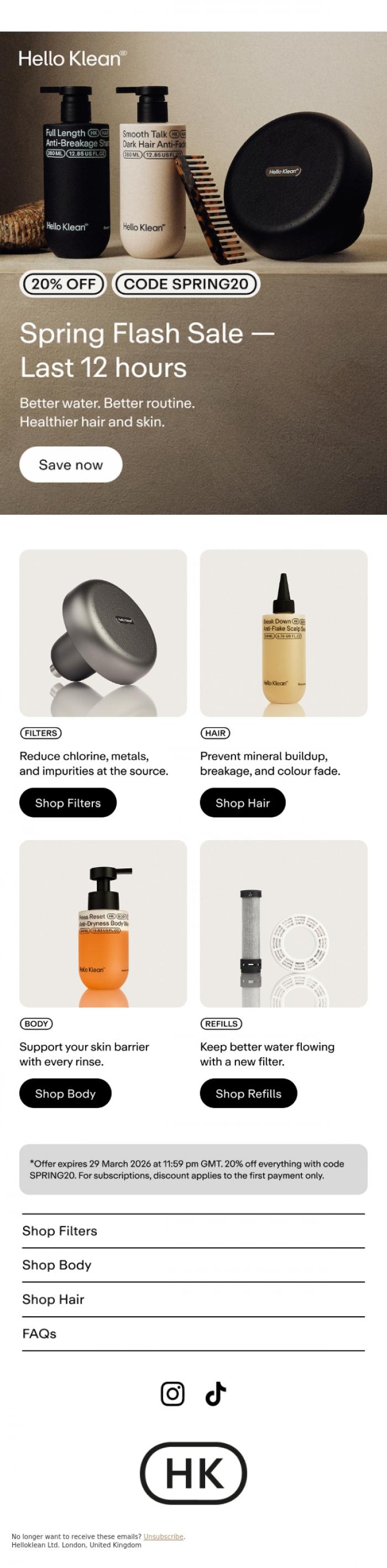 Email Design Inspiration from Hello Klean, Spring Flash Sale - ends today