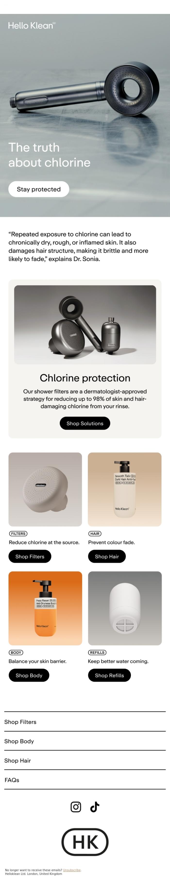 Email Design Inspiration from Hello Klean, How chlorine impacts skin and hair