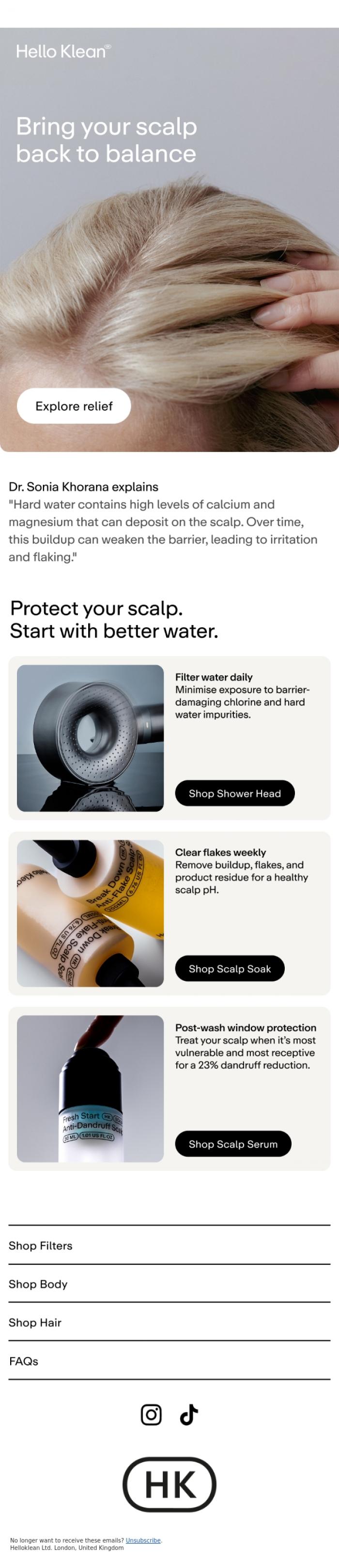 Email Design Inspiration from Hello Klean, A calmer scalp starts here