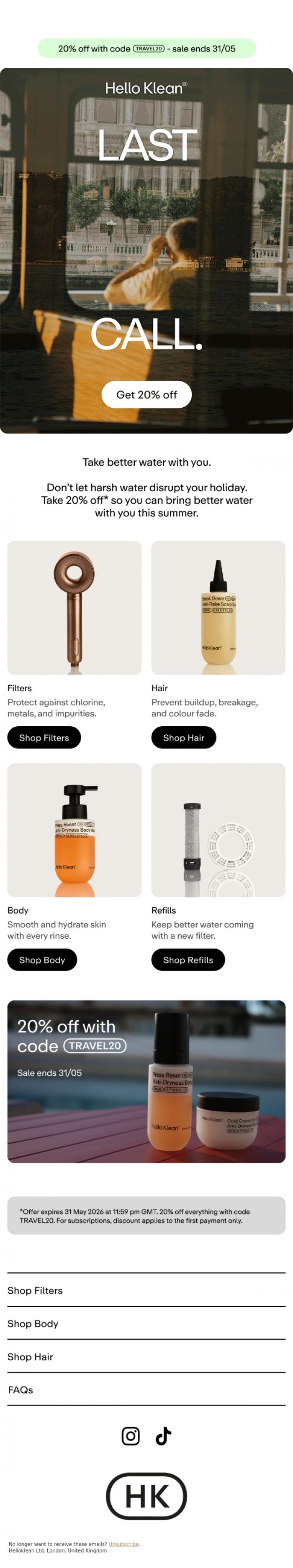 Email Design Inspiration from Hello Klean, 20% off ends today