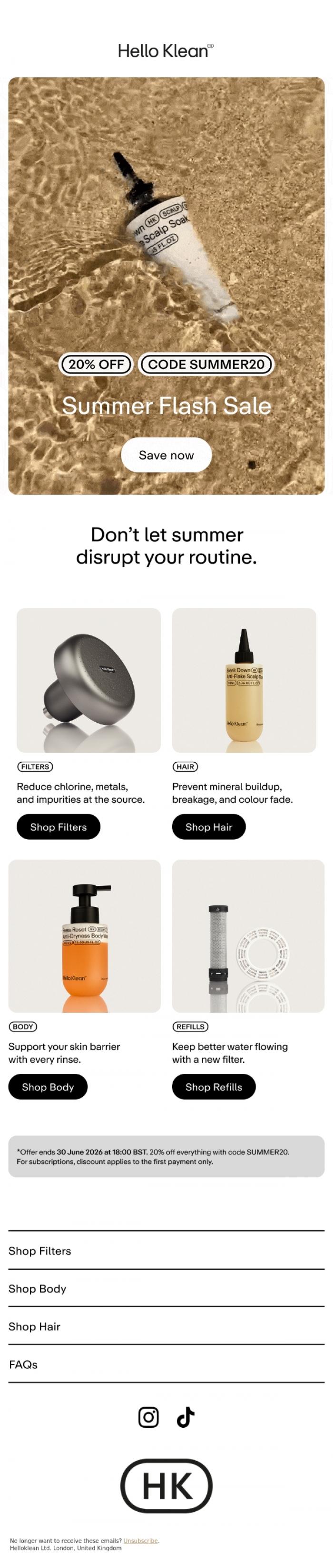 Email Design Inspiration from Hello Klean, Summer Flash Sale starts now