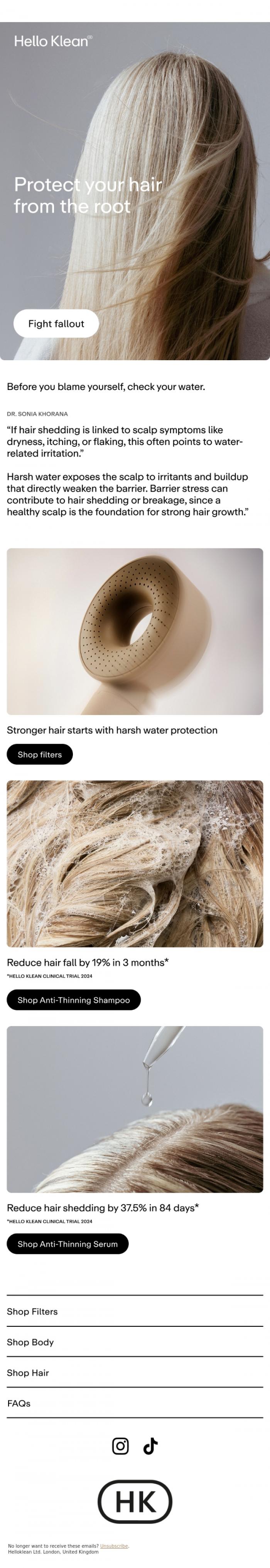 Email Design Inspiration from Hello Klean, Hair shedding? Check your water